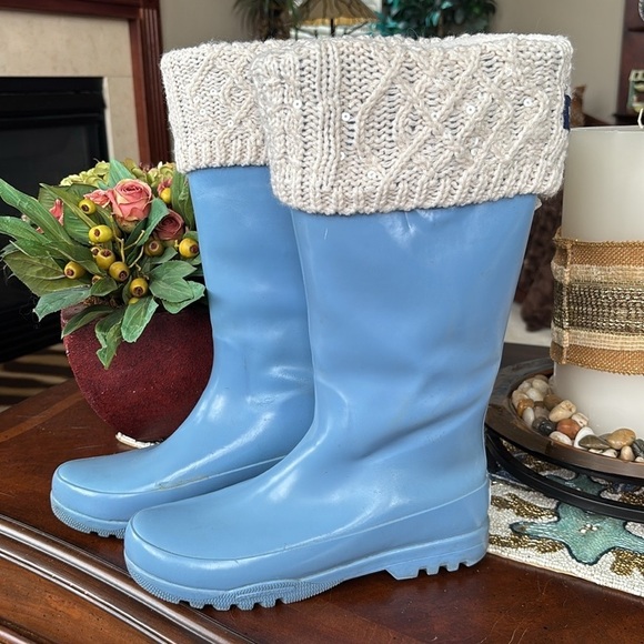 Sperry Vintage Blue Tall Rubber Boots Waterproof w/ Cream Knit Sequin Boot Socks - Picture 16 of 16